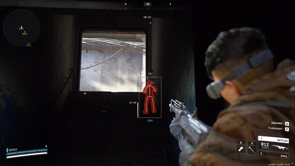 Arc Raiders box ESP on a player tagged TK with 37 HP at 20 meters on a stairwell