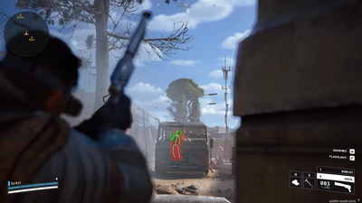 Arc Raiders player outline on a raider labeled MAGNUM behind a truck at 28 meters