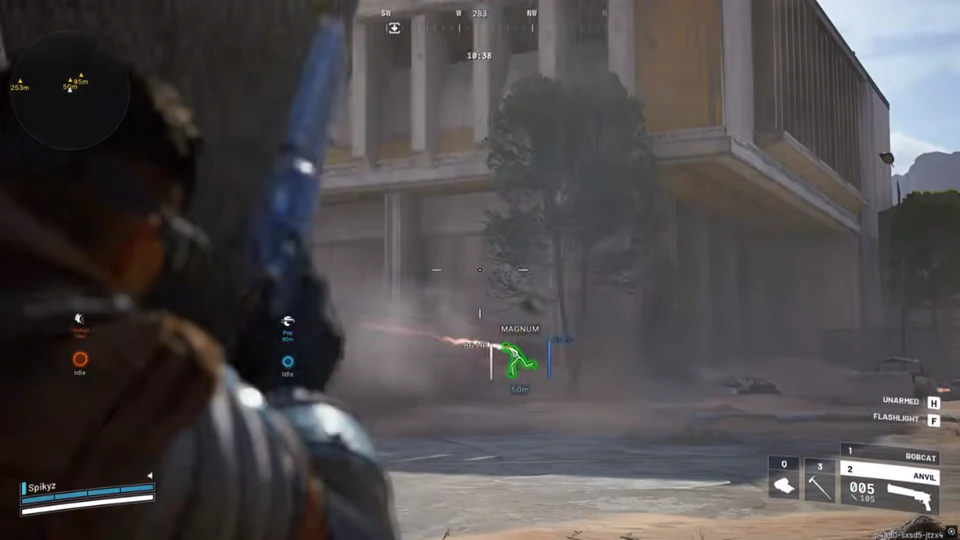 Arc Raiders green skeleton ESP on a player labeled MAGNUM outside a building at about 60 meters