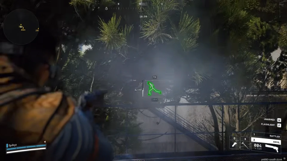 Arc Raiders green skeleton ESP on the same player tagged TK through pine trees at 38 meters