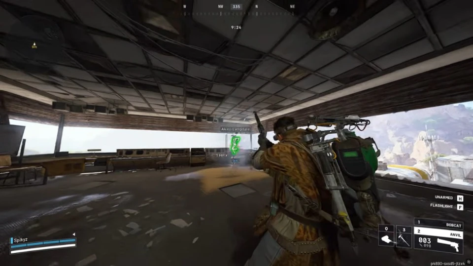 Arc Raiders green skeleton ESP on Akira Langdale inside an industrial room at 9 meters
