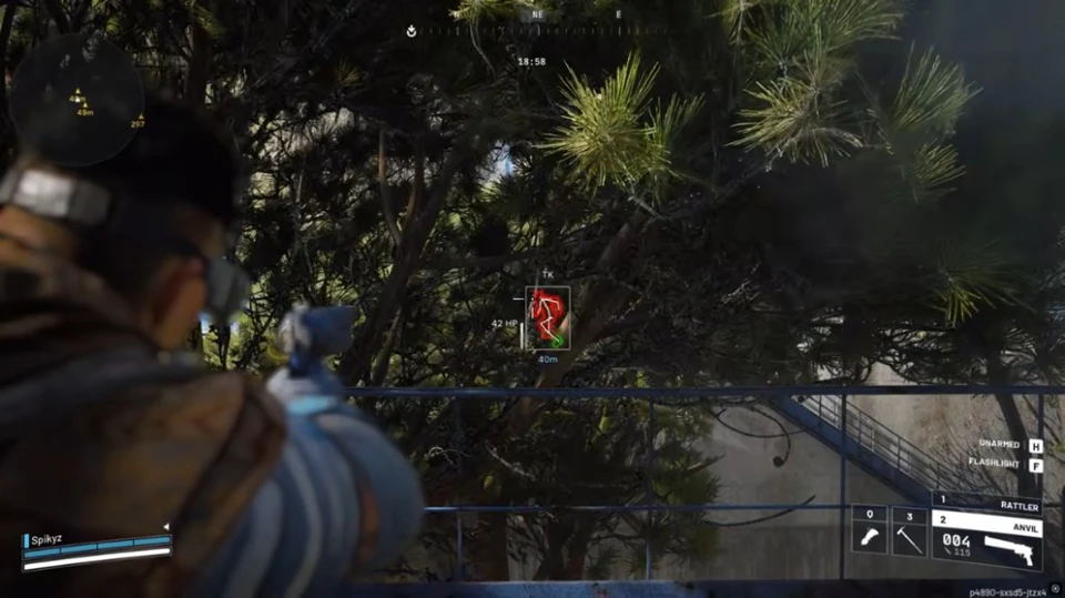 Arc Raiders red skeleton ESP on a player tagged TK with 42 HP at 40 meters through pine trees