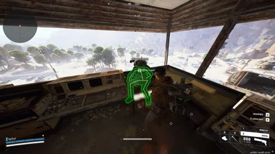 Arc Raiders green skeleton on a downed raider marked knock out inside a control tower at 2 meters