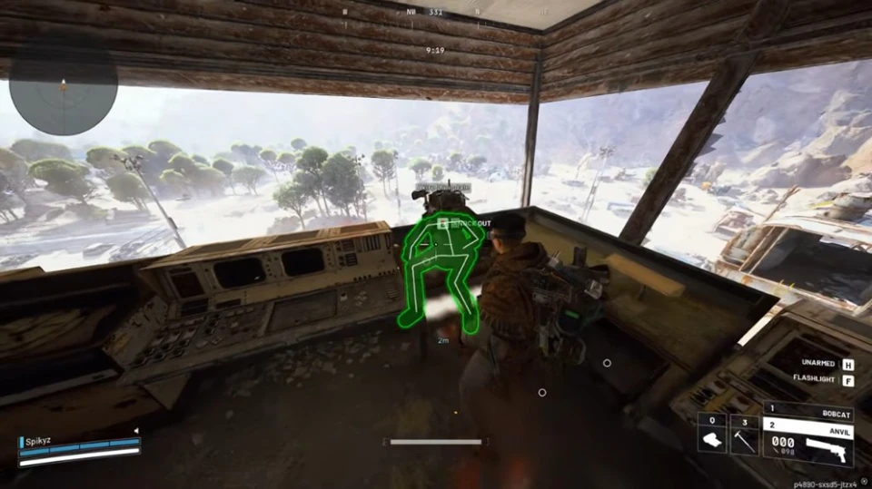 Arc Raiders green skeleton on a downed raider marked knock out inside a control tower at 2 meters