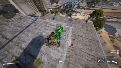 Arc Raiders top-down skeleton ESP on a knocked player on a concrete roof