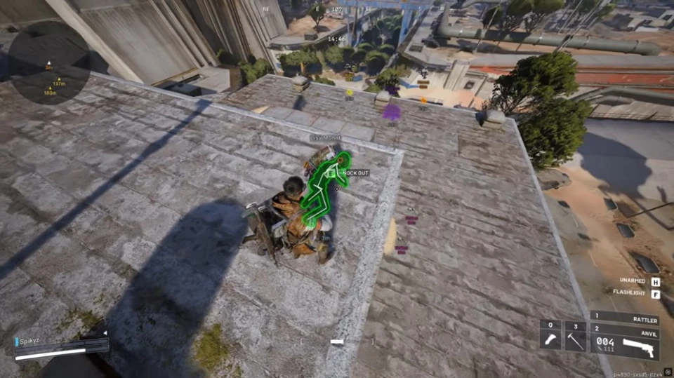 Arc Raiders top-down skeleton ESP on a knocked player on a concrete roof