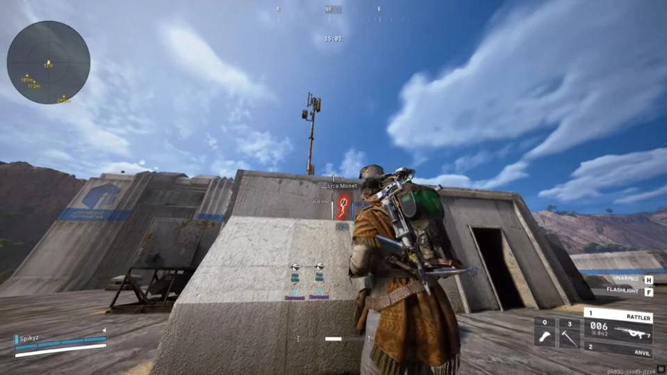 Arc Raiders wallhack showing Lisa Monet through the upper wall of a concrete building at 6 meters